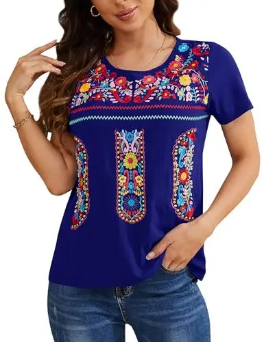 Produktbild: MAVIS LAVEN Damen Sommer Boho Stickerei Mexikanisch Bohemian Tops Halbarm V-Ausschnitt Shirt Tunika Blusen Tuniken Tops(1-Navy blau,XX-Large)