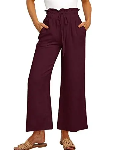 Produktbild: MAVIS LAVEN Leinenhose für Damen, hohe Taille, weites Bein, Kordelzug, lässige, lockere Hose mit Taschen,Weinrot,M