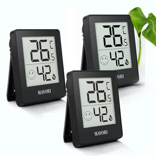 Produktbild: MAVORI® 3 St. Hygrometer Thermometer innen - präziser Temperatur&Luftfeuchtigkeitsmesser innen - Thermometer Hygrometer innen, Temperaturmessgerät, Hydrometer Feuchtigkeit digital (Schwarz, 3er Set)