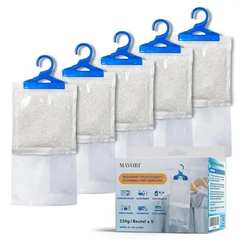 Produktbild: MAVORI 5er Set XL Luftentfeuchter zum Aufhängen I Luftentfeuchter Beutel I Entfeuchter Schrank und Feuchtigkeitsabsorber für Räume gegen Feuchtigkeit, Schimmel und Gerüche I bis zu 500ml je Beutel