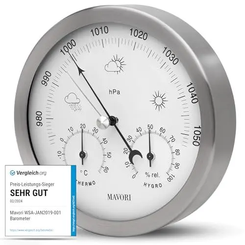 Produktbild: MAVORI® Wetterstation analog - 3in1 Barometer, Hygrometer & Thermometer für innen und außen - Ø 13,5cm Edelstahl Rahmen mit Acrylglas im modernen Design - Inklusive Thermometer & Hygrometer