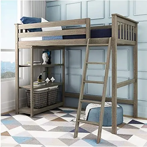 Produktbild: Max & Lily Bett 90x200cm inklusive Lattenrost, Hochbett mit Bücherregal, Holzbett aus neuseeländischem Kiefernholz, braun-grau