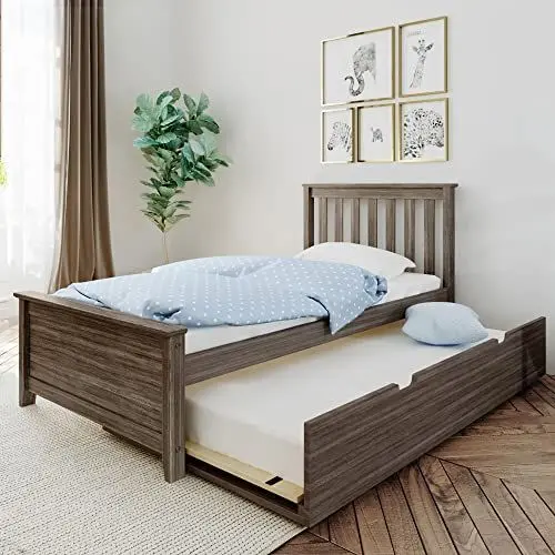 Produktbild: Max & Lily Bett 90x200cm inklusive Lattenrost, Kinderbett mit ausziehbarem Bett, Funktionsbett Gästebett, Holzbett aus neuseeländischem Kiefernholz, Braun-grau