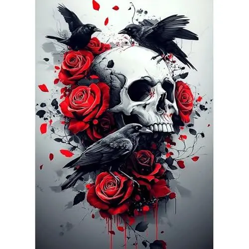 Produktbild: MAXBYE Diamond Painting Halloween Art Erwachsene Kits, 5D Totenkopf & Krähe Diamond Kunst Komplett Set DIY Diamant Bilder für Anfänger, Rote Rosen Runde Gem Kreuzstich Home Wall Decor 30x40cm