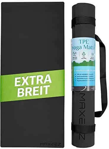 Produktbild: MAXEEZ Yogamatte XXL (30% breiter)- rutschfeste Fitnessmatte extra breit - große Gymnastikmatte für maximalen Komfort - Pilates Matte aus umweltfreundlichem biologisch abbaubarem TPE (schwarz)