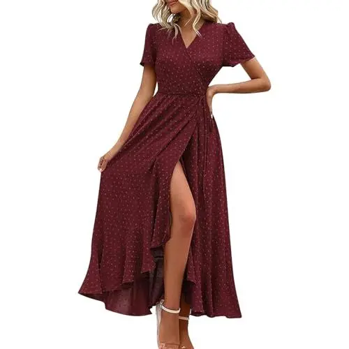 Produktbild: Maxikleid Damen Sommer Elegant Wickelkleid Lang Volant Tunika Kleid Elegant V Ausschnitt Sommerkleider Damen Leicht Und Luftig Sommerkleid Kurzarm Damenkleider A Linie Volantkleider Einfarbig