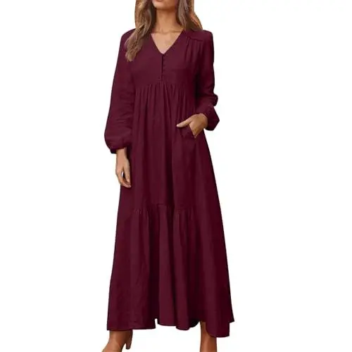 Produktbild: Kleider Langarm Damen Festlich Unter 20 Euro, Winter Dresses For Women, Frühlingskleider Langarm Maxikleid Mit V-Ausschnitt, Boho Stil, Lockeres Freizeitkleid Mit Taschen, Elegante