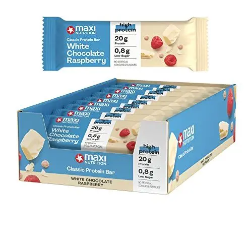Produktbild: MaxiNutrition Classic Protein Bar White Chocolate Raspberry 24 x 40g - Protein Riegel mit 50% Eiweiß, 20 g Protein pro Riegel, low sugar 0,8 g, ohne Zuckerzusatz, ohne künstliche Aromen (24er Pack)
