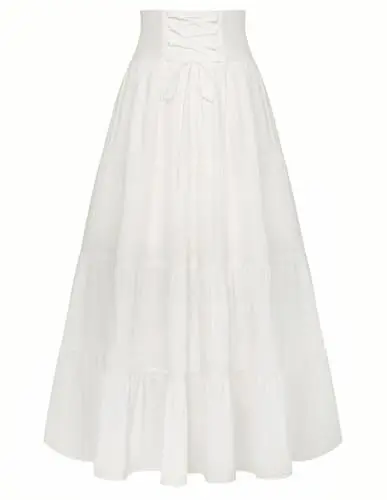 Produktbild: Maxirock Damen Lace-up Elastische Taille mit Tasche A-Linien Festlicher Trachtenrock Weiß M