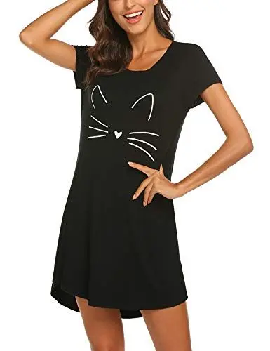 Produktbild: MAXMODA Damen Nachthemd Baumwolle Gemütlich Kurzarm Sleepshirt Knielang Nachtwäsche Negligee schwarz Katze M