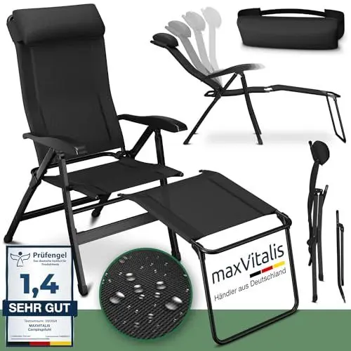 Produktbild: ELONEO Campingstuhl faltbar mit Abnehmbarer Beinauflage, Klappstuhl aus Aluminium, Gartenstuhl klappbar, Liegestuhl mit Verstellbarer Rückenlehne, Camping Chair schwarz