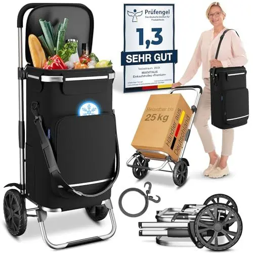 Produktbild: ELONEO Einkaufstrolley klappbar, Einkaufswagen mit Kühlfach, 3in1 Trolley, Sackkarre & Umhängetasche, Einkaufsrollwagen, Shopping Trolley 43L Kapazität & Spanngurt, Hackenporsche Schwarz