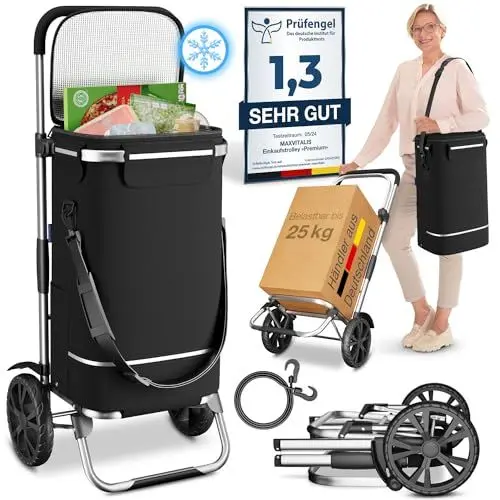 Produktbild: ELONEO Einkaufstrolley klappbar, Einkaufswagen mit Kühlfunktion, 3in1 Trolley, Sackkarre & Umhängetasche, Einkaufsrollwagen, Shopping Trolley 43L Kapazität & Spanngurt, Hackenporsche Schwarz