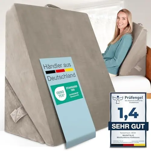 Produktbild: ELONEO Multifunktionales Keilkissen, Rückenkissen, Kniestütze, Beinstütze, Venenkissen für Couch und Sofa, Lesekissen, Größe W55 x H56 x L30. 5 cm, Beige