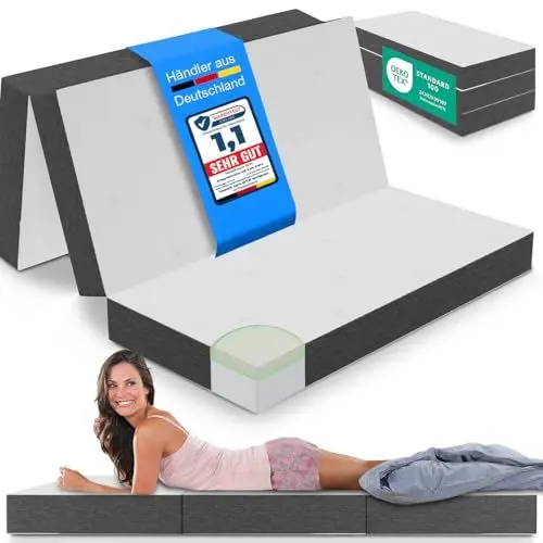 Produktbild: ELONEO Premium Visco Klappmatratze 140x200 cm, extra hoch 15 cm, Gästematratze klappbar, Faltmatratze, Faltbare Matratze, Bandscheibenwürfel, Reisematratze, Gästebett klappbar, Klappbett waschbar