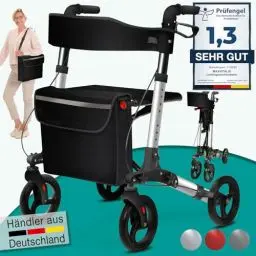 Produktbild: maxVitalis Rollator faltbar und leicht mit Sitz, Leichtgewicht-Reiserollator aus Aluminium, Gehhilfe 8-fach höhenverstellbar, Laufhilfe 3-fach faltbar für Kofferraum, Tasche & Schirmhalter Silber