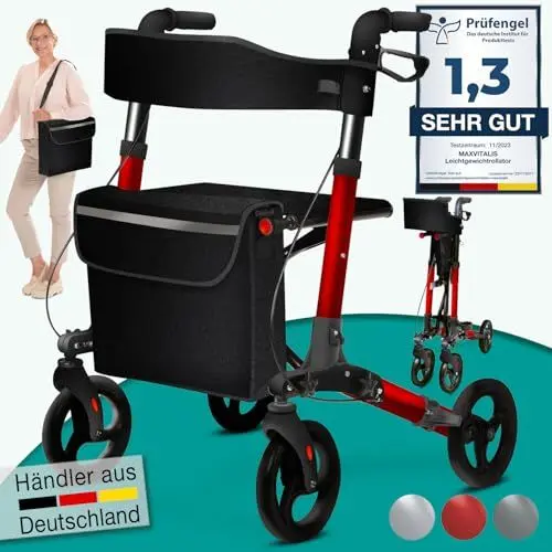 Produktbild: maxVitalis Rollator faltbar und leicht mit Sitz, Leichtgewicht-Reiserollator aus Aluminium, Gehhilfe 8-fach höhenverstellbar, Laufhilfe 3-fach faltbar für Kofferraum, Tasche & Schirmhalter Rot