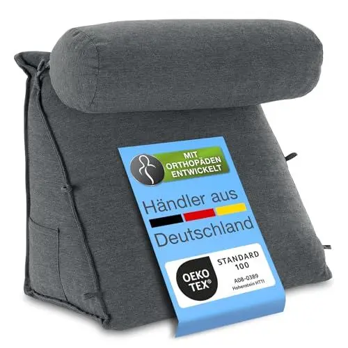 Produktbild: ELONEO Rückenkissen Bett/Sofa mit Abnehmbarer Nackenrolle und Seitentasche, Rückenstützkissen mit Nackenkissen, Bezug waschbar, Lesekissen, Bücherkissen, Rückenlehne