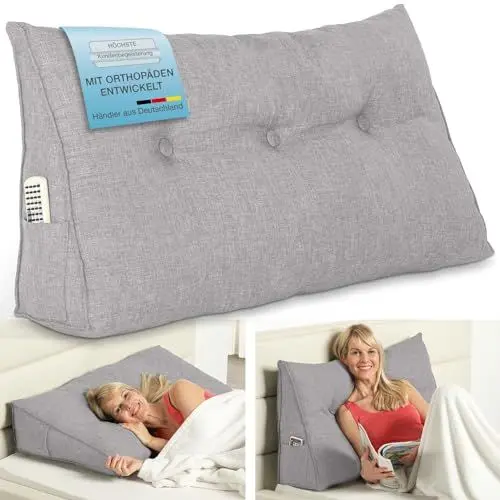 Produktbild: ELONEO Rückenkissen 100 cm breit, Keilkissen für Bett und Sofa geeignet, dreieckiges Lesekissen, Kissen mit abnehmbarem und waschbarem Bezug, mit praktischem Seitenfach