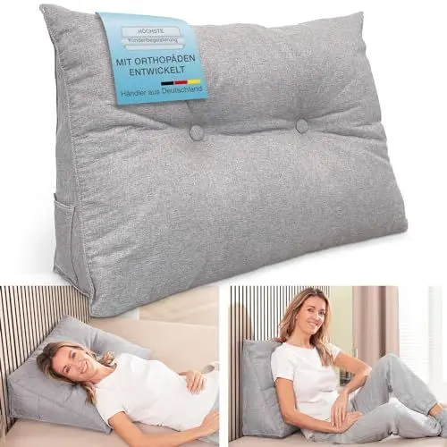 Produktbild: ELONEO Rückenkissen 70 cm breit, Keilkissen für Bett und Sofa geeignet, dreieckiges Lesekissen, Kissen mit abnehmbarem und waschbarem Bezug, mit praktischem Seitenfach