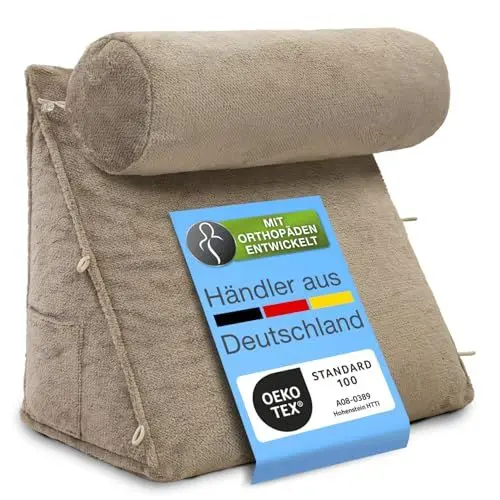 Produktbild: ELONEO Rückenkissen Bett/Sofa mit Abnehmbarer Nackenrolle und Seitentasche, Rückenstützkissen mit Nackenkissen, Bezug waschbar, Lesekissen, Bücherkissen, Rückenlehne
