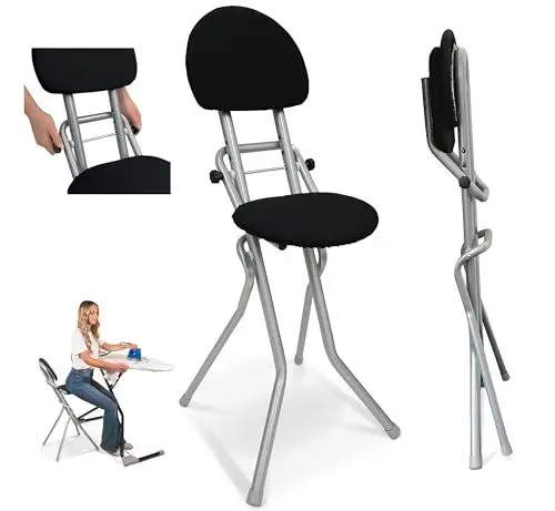 Produktbild: ELONEO Sitzhilfe, Bügelstehhilfe rückenschonend, rutschfest u. platzsparend, 3-Fach höhenverstellbar (58-65 cm), mit Rückenkissen, belastbar bis 120kg, Silber 45 x 98 x 47 cm