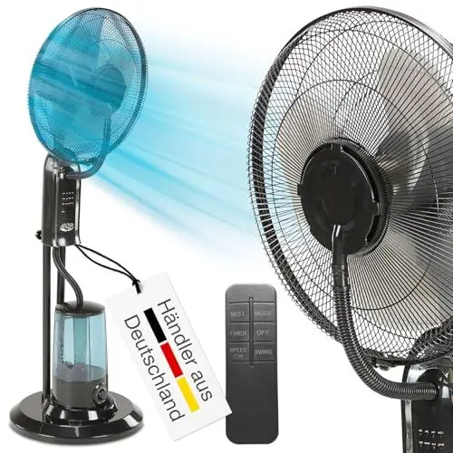 Produktbild: maxVitalis Ventilator mit Wasserkühlung, leiser Standventilator mit 75 Watt Leistung, Drei Geschwindigkeitsstufen, Luftbefeuchtung, Fernbedienung, Drehfunktion, Timer Funktion, Schwarz, Lüfter, Fan