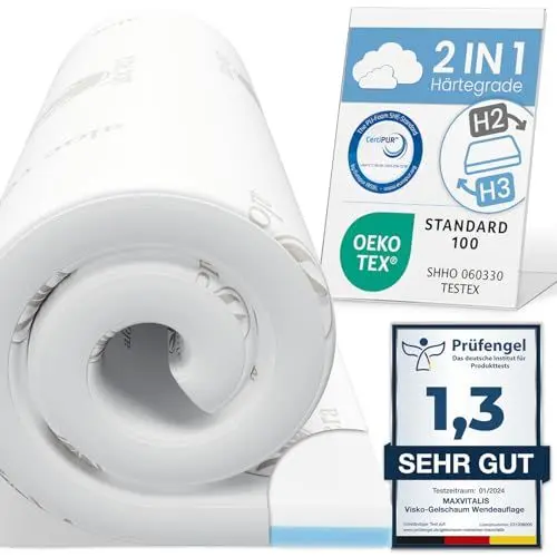 Produktbild: ELONEO Viskoelastischer Matratzen-Topper 90 x 190 cm, MemoryFoam Komfort Matratzenauflage, Viscoauflage, Wendefunktion mit 2 Härtegraden, inkl. Aloe Vera Bezug