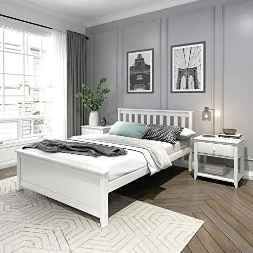 Produktbild: Maxwood Furniture stabiles Doppelbett, aus neuseeländischem Kiefernholz, inklusive Lattenrost, 140x200cm-Bettgestell, extra hohe Gewichtsbelastbarkeit, Klassisches Design, Weiß