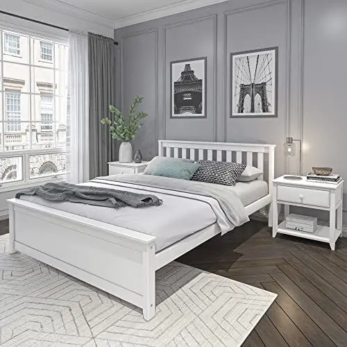 Produktbild: Maxwood extra großes stabiles Doppelbett, aus neuseeländischem Kiefernholz, inklusive Lattenrost, 160x200cm-Bettgestell, extra hohe Gewichtsbelastbarkeit, Klassisches Design, Weiß
