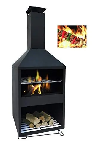 Produktbild: MaxxGarden Helios Garten Kamin - Terrassenkamin - Outdoor Gartenkamin - Terrassenofen - Mit Holz Ablageort - Mit Schornstein - zum Entspannen - 118 x 45 cm - Schwarz