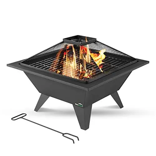 Produktbild: MaxxGarden Feuerschale - Für Den Garten - 53x53 cm - Outdoor Feuerstelle mit Stab - Feuerstelle Garten - Faltbare mit Grillrost - Mit Funkenschutz - Stahl - Schwarz
