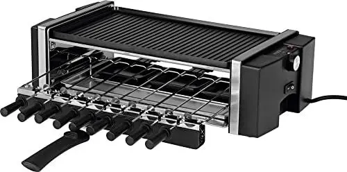 Produktbild: MAXXMEE 3 in 1 Raclette Grill | Kombination aus Drehspieß- und klassischem Raclette Grill | Tischgrill für das nächste Party Buffet | Wendbare Grillplatte mit geriffelter & glatter Oberfläche | 1200W