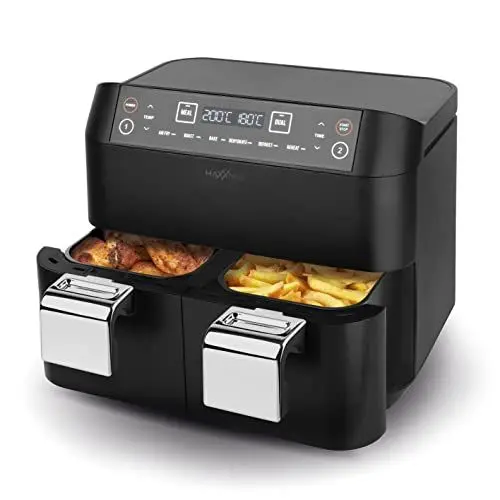 Produktbild: MAXXMEE Heißluft-Fritteuse Doppelkorb 7,6 Liter | Digitale Doppel Heißluftfritteuse mit zwei Kammern 2x 3,8 Liter, zeitgleiches Garen von 2 verschiedenen Mahlzeiten | 6 Programme (2400 Watt)