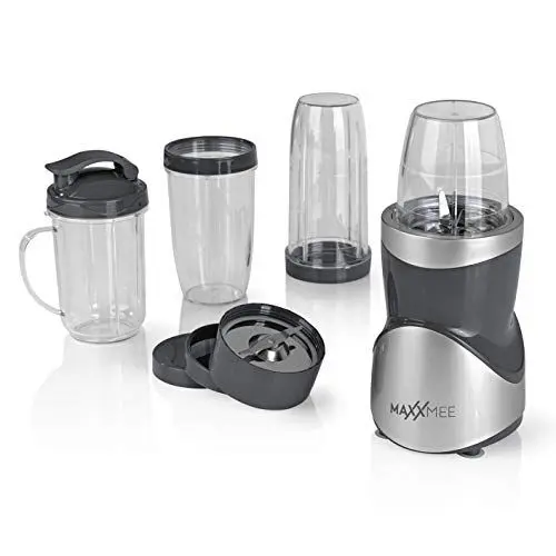 Produktbild: MAXXMEE Smoothie Maker Set 12-teilig | Multifunktionaler Mixer mit 8 Funktionen, mit verschiedenen Mixbechergrößen inkl. To-Go Deckel | Edelstahlklingen (380W/Grau)