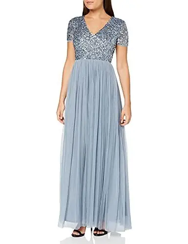 Produktbild: Maya Deluxe Abendkleid mit Pailletten Cocktailkleid Damen mit V-Ausschnitt Tüllkleid Blau Größe 42
