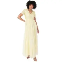 Produktbild: Maya Deluxe Damen-Maxikleid mit V-Ausschnitt, verziert, V-Ausschnitt, Kurze Ärmel, Empire-Taille, Abschlussball, Abschlussfeier, Brautjungfer, Hochzeitsgast, Zitrone, Größe 22, zitronengelb, 48