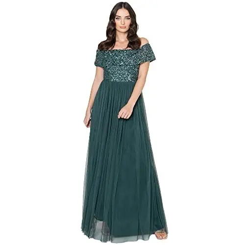 Produktbild: Maya Deluxe Damen Abendkleid Brautjungfernkleid Bardot Paillettenverzierung Elegant Für Hochzeit Tüllkleid Bridesmaid Dress, Emerald Green, 34 EU
