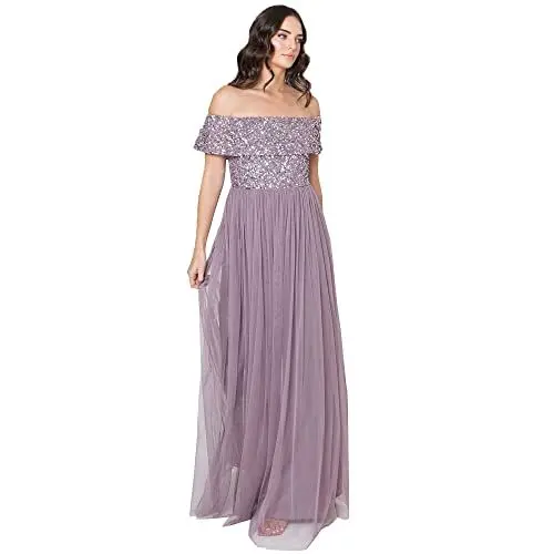 Produktbild: Maya Deluxe Damen Abendkleid Brautjungfernkleid Bardot Paillettenverzierung Elegant Für Hochzeit Tüllkleid Bridesmaid Dress, Moody Lilac, 44 EU