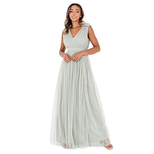 Produktbild: Maya Deluxe Damen Ärmelloses Abendkleid Mit Gerafftem V-ausschnitt & Hoher Taille - Hochzeitsgast Kleid Tüllkleid Bridesmaid Dress, Green Lily, 40 EU