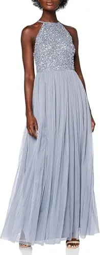 Produktbild: Maya Deluxe Damen Abendkleid Pailletten Cocktailkleid Tüllkleid Kleid Nackenband Elegant Für Hochzeit Brautjungfernkleid Bridesmaid Dress, Dusty Blue, 40 EU