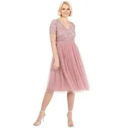 Produktbild: Maya Deluxe Damen Embellished Midi Evening Dress Women Ladies V Neckline with Short Sleeve for Prom Wedding Brautjungfernkleid, Vintage Rose, 36