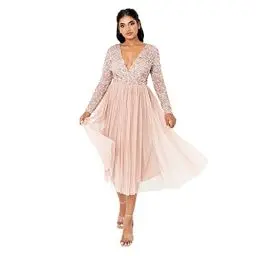 Produktbild: Maya Deluxe Damen Faux Warp Front Embellished Midi Bridesmaid Dress, Taupe Blush, 34 (UK6)