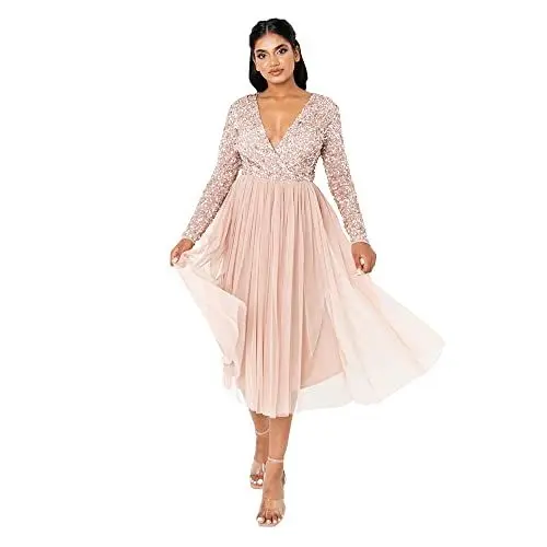 Produktbild: Maya Deluxe Damen Faux Warp Front Embellished Midi Bridesmaid Dress, Taupe Blush, 34 (UK6)