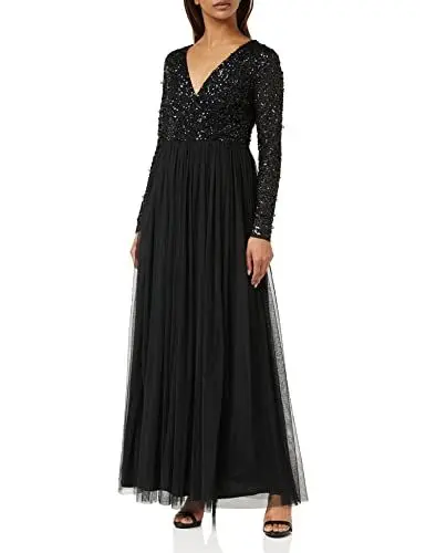 Produktbild: Maya Deluxe Damen Ladies Maxi Dress Women with Long Sleeves V Neckline Plunging Sequin Embellished for Wedding Guest Bridesmaid Prom Kleid, Black, 34
