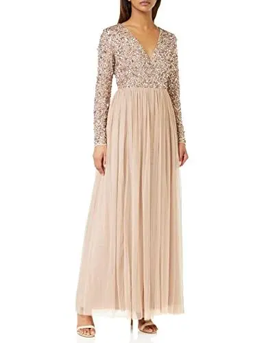 Produktbild: Maya Deluxe Damen Ladies Maxi Dress Women with Long Sleeves V Neckline Plunging Sequin Embellished for Wedding Guest Bridesmaid Prom Kleid, Taupe Blush, 46