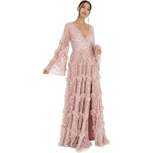 Produktbild: Maya Deluxe Damen Ladies Womens Maxi V Neckline Sequin with Ruffle Empire Waist Slit Split for Prom Ball Bridesmaid Wedding Guest Dress, Frosted Pink, 42 EU
