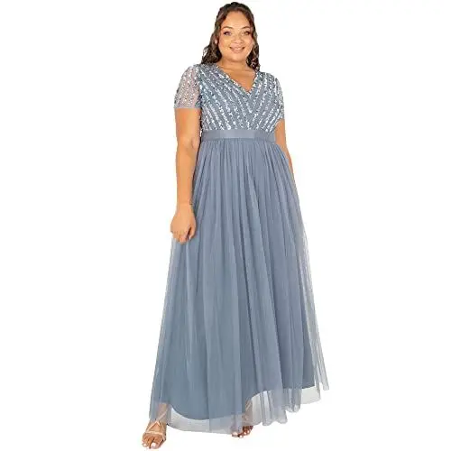 Produktbild: Maya Deluxe Damen Maxi Abendkleid Hochzeit V-Ausschnitt Brautjungfernkleid Empiretaillierung Elegantes Abschlussball Bridesmaid Dress, Dusty Blue, 36