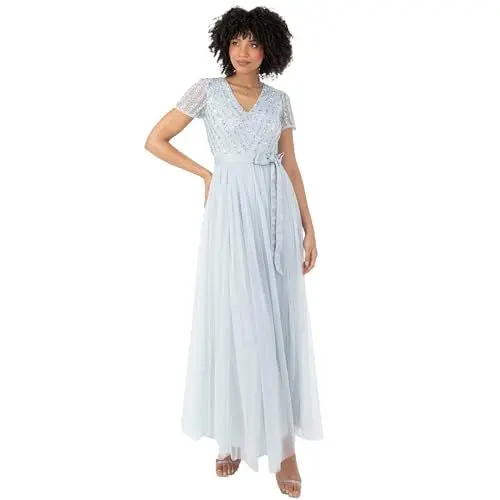 Produktbild: Maya Deluxe Damen Maxi Dress for Women Ladies Bridesmaid V-Neck Ball Gown Short Sleeves Long Elegant Empire Waist Wedding Brautjungfernkleid, Eisblau, 36