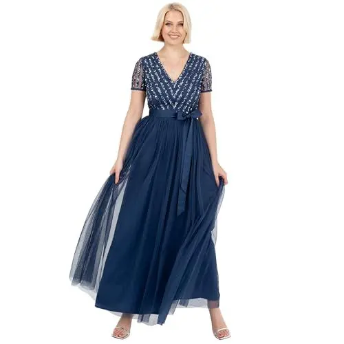 Produktbild: Maya Deluxe Damen Maxi Dress for Women Ladies Bridesmaid V-Neck Ball Gown Short Sleeves Long Elegant Empire Waist Wedding Brautjungfernkleid, French Navy, 42